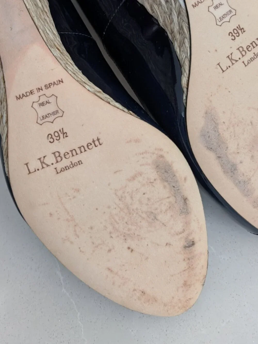 L.K. Bennett Edee Peep-Toe Patent Leather Espadrille Wedge–Navy Blue–US 9.5